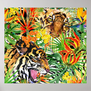 Tropisches Tiger-Watercolor-Dschungelmuster Poster