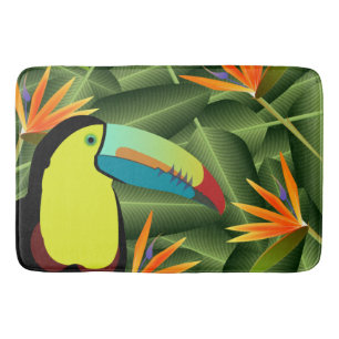 Tropisches Toucan u. Paradiesvögel Blumen Badematte
