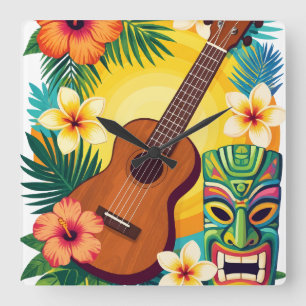Tropisches Ukulele Tiki-Luau-Party-Vibes T-Shirt Quadratische Wanduhr