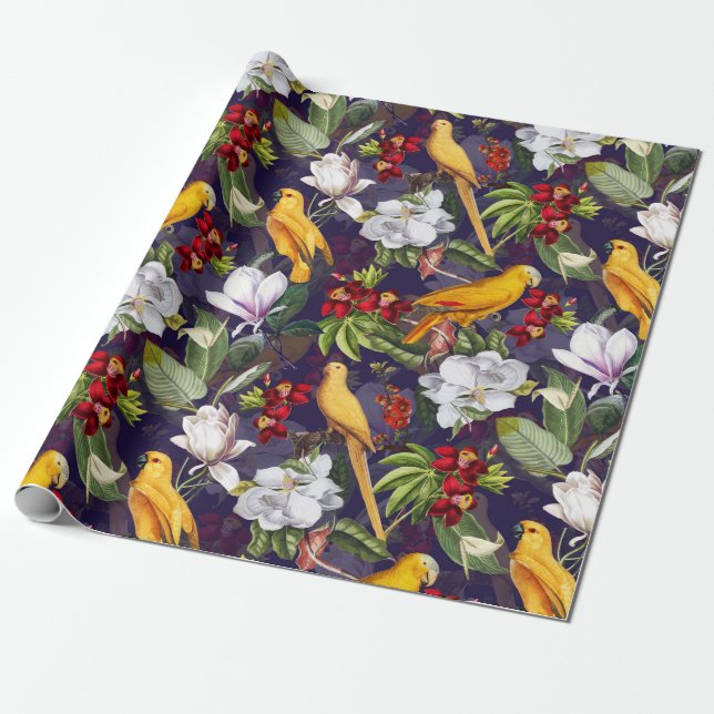 Tropisches Vogelparrots-Jungle-Muster - Lila Geschenkpapier (Ungerollt)