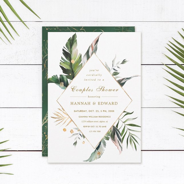 Tropisches Wasser Foliage Gold Paare Dusche Einladung (Von Creator hochgeladen)
