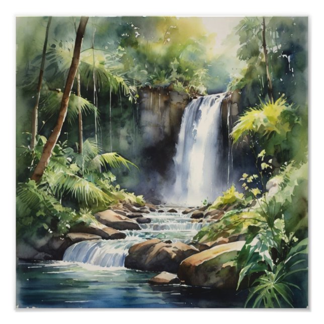 Tropisches Wasserfall Aquarellmalerei Fotodruck (Vorne)
