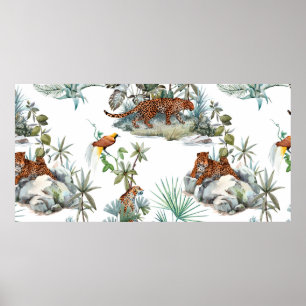 tropisches Wasserfarbenmuster mit Leoparden, Poster