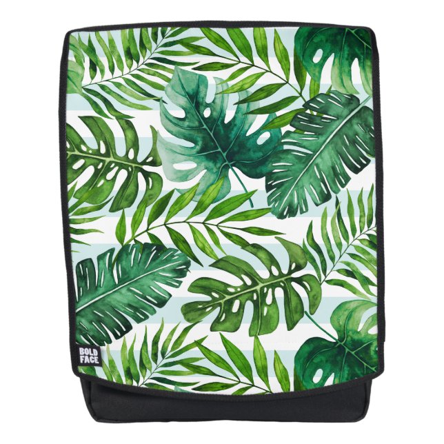 Tropisches Wasserfarbenmuster Monstera Palm Blätte Rucksack (Vorderseite)