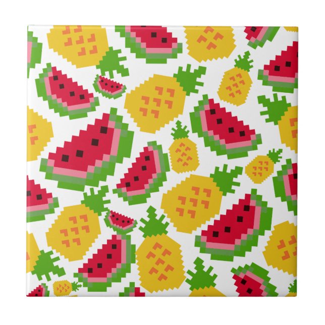 Tropisches Wassermelon- und Ananas-Pixel-Muster Fliese (Vorderseite)