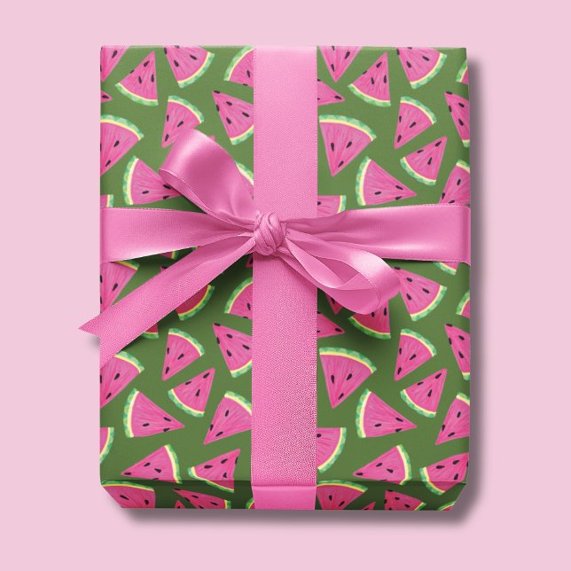 Tropisches Wassermelone Sommermuster Geschenkpapier (Watermelon wrapping paper on a olive green background)