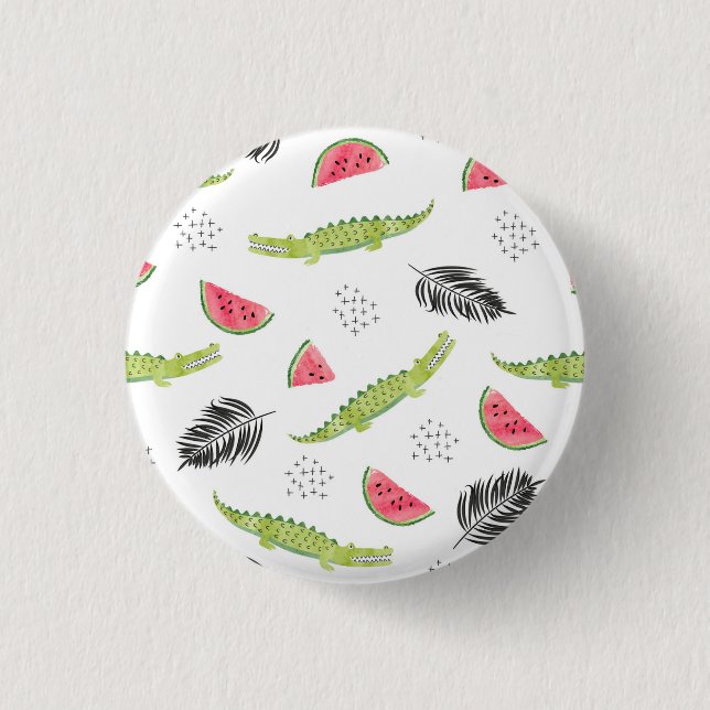 Tropisches Wassermelone-u. Krokodil-Muster Button (Vorderseite)