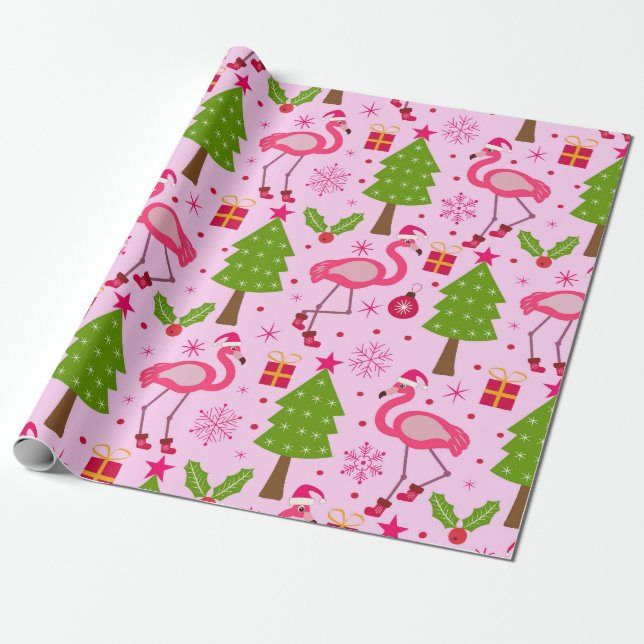 Tropisches Weihnachtsfest Flamingo mit Pine Tree a Geschenkpapier (Ungerollt)