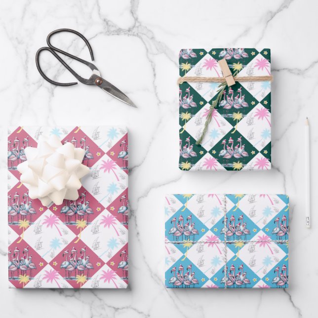 Tropisches Weihnachtsfest Flamingos Geschenkpapier Set (Vorderseite)