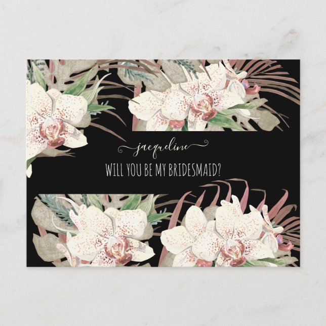 Tropisches Weiß Orchideenfloral Sei meine Bridesmä Postkarte (Vorderseite)