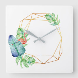 Tropisches weißes Flamingo Leaf Poligonal Quadratische Wanduhr