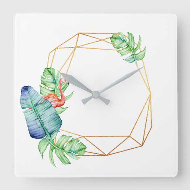 Tropisches weißes Flamingo Leaf Poligonal Quadratische Wanduhr (Vorderseite)