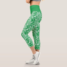 Tropisches weißes und grünes Leaf-Muster Capri Leggings