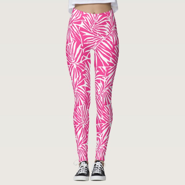 Tropisches, weißes und rosafarbenes Muster Leggings (Vorderseite)