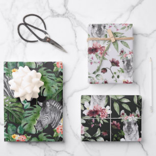 Tropisches Zebralama grau rosa schwarzes florales Geschenkpapier Set