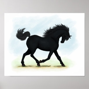 Trotting Black Horse oder Pony Reittier Poster