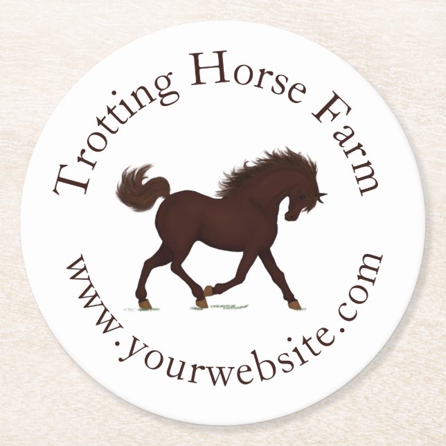 Trotting Brown Horse Circular Text Reittier Runder Pappuntersetzer (Vorderseite)