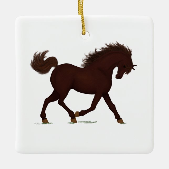 Trotting Brown Horse oder Pony Reitscharm Keramikornament (Vorderseite)