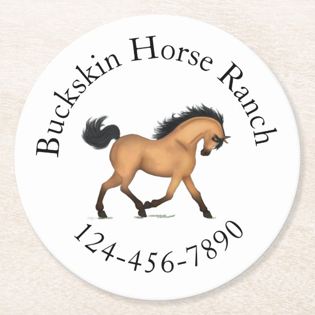 Trotting Buckskin Horse Circular Text Reittier Runder Pappuntersetzer (Vorderseite)