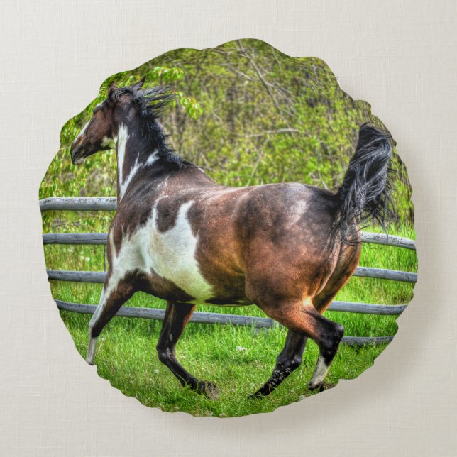 Trotting Pinto Paint Stallion auf einer Pferderass Rundes Kissen (Rückseite)
