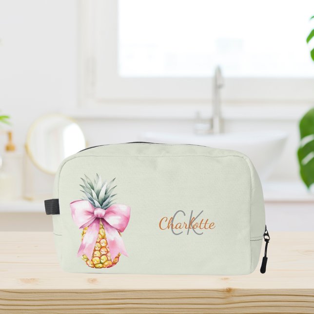 Trousse De Toilette Ananas à ruban rose monogramme tropical vert sauge (Créateur téléchargé)