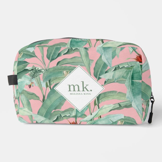 Trousse De Toilette Aquarelle rose banane tropicale Feuilles Monogramm (Recto)