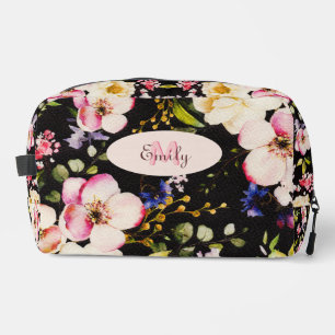Trousse De Toilette Aquarelle rose Roses jaunes sur noir, Monogramme