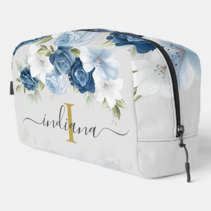 Trousse De Toilette Bleu Poussiéreux Floral Monogramme Script Aquarell