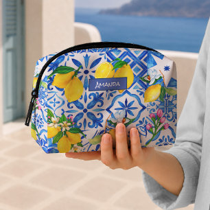 Trousse De Toilette Carreau de Citron en Majolique Bleu Méditerranéen
