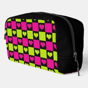 Trousse De Toilette Cœurs damier - Vert citron, rose chaud et noir