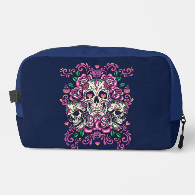Trousse De Toilette Crâne floral, Skeleton aquarelle rose, Halloween. (Recto)