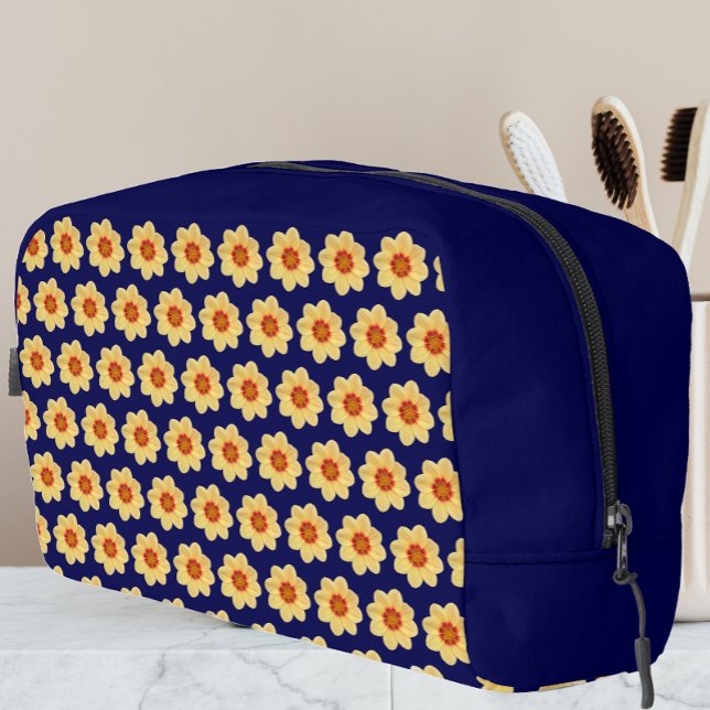 Trousse De Toilette Dahlia jaune motif floral sur bleu (In Situ)