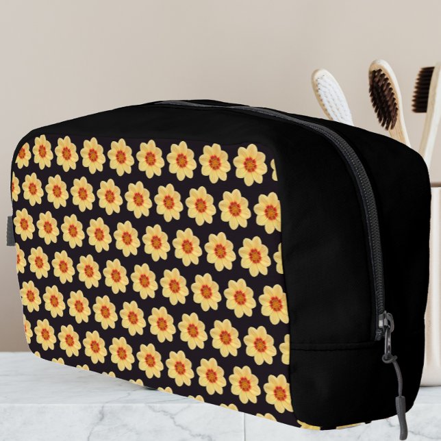 Trousse De Toilette Dahlia jaune motif floral sur noir (In Situ)