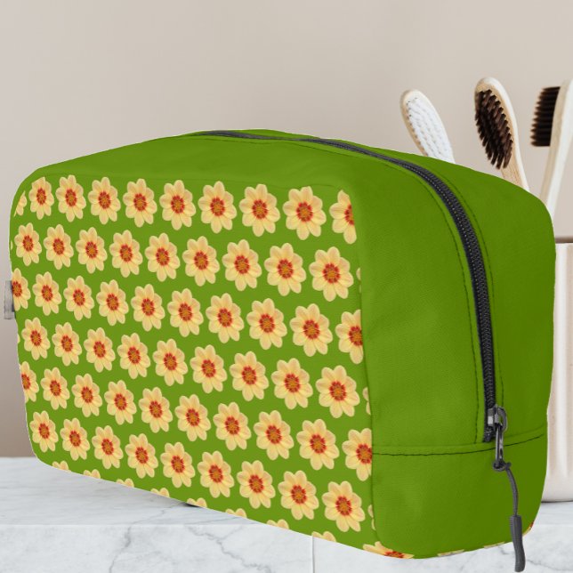 Trousse De Toilette Dahlia jaune motif floral sur vert (In Situ)