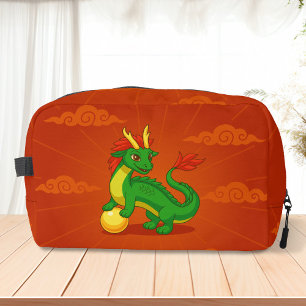 Trousse De Toilette Dragon Chinois Vert sur Fond Rouge