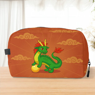 Trousse De Toilette Dragon Chinois Vert sur Fond Rouge