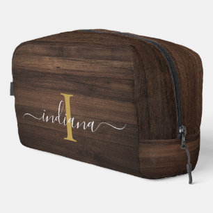 Trousse De Toilette Élégant Monogramme Script Rustique apparence bois