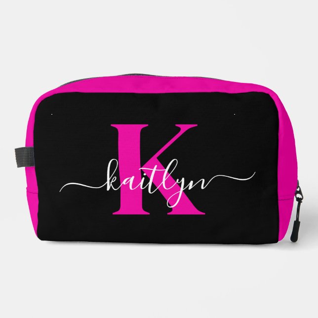Trousse De Toilette Élégant Noir Hot Rose Script Monogramme (Recto)