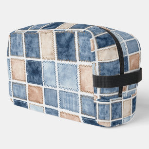 Trousse De Toilette Faux Jean Bleu et Carrés Crème