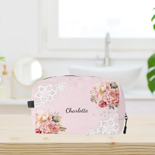 Trousse De Toilette Fleur rose dentelle blanche
