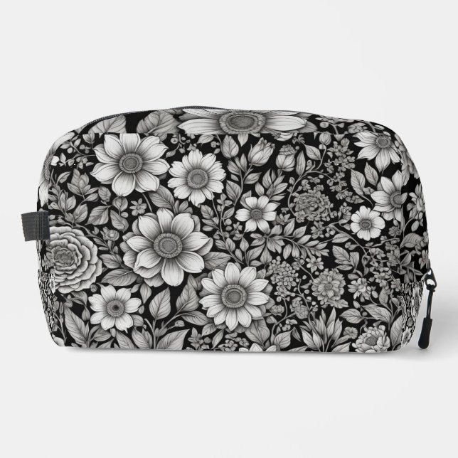 Trousse De Toilette Fleurs et feuilles noirs et blancs (Recto)