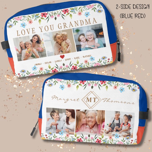 Trousse De Toilette Floral Custom Text Monogramme Famille Photo Kit Do (Unique mother's day gift to every mom, practical and personalized; you may add photos, name and text)