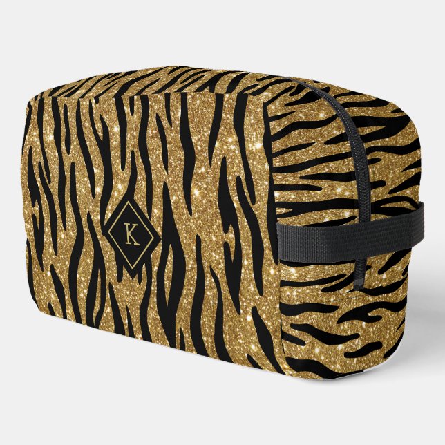 Trousse De Toilette Glittery Gold, Motif Zèbre Noir Monogramme (Coin gauche)