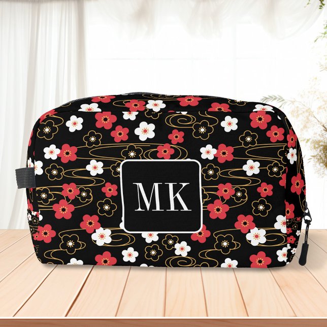 Trousse De Toilette Initiales du monogramme noir Sakura en fleurs (Créateur téléchargé)