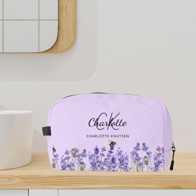 Trousse De Toilette Lavande violette fleurs abeilles nom monogramme (Créateur téléchargé)
