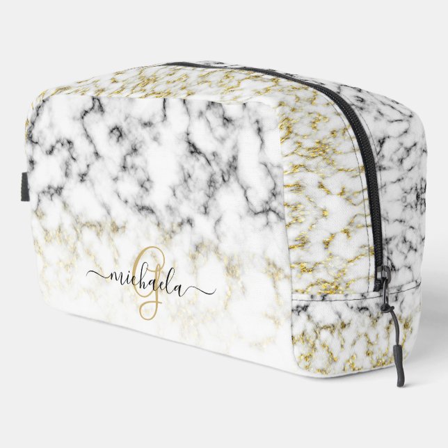 Trousse De Toilette Monogramme noir blanc marbre or brillant (Coin droit)