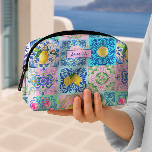 Trousse De Toilette Motif Citron Turquoise Azulejo Méditerranéen