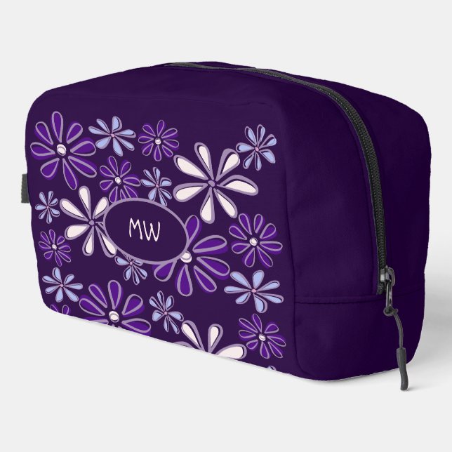 Trousse De Toilette Motif de doodle à fleurs violettes monogrammes (Coin droit)