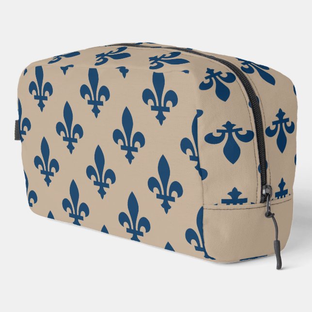 Trousse De Toilette Motif Fleur de Lis, Bleu Royal Français sur Crème (Coin droit)