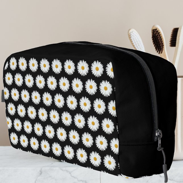 Trousse De Toilette Motif floral marguerrier blanc sur noir (In Situ)